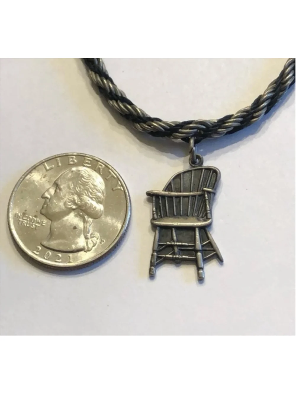 Sterling Silver Grand Rapids Chair Vintage Pendant Silver Tone & Black Chain